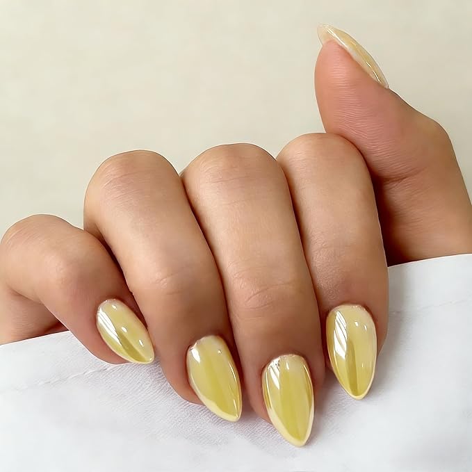 Chrome Bright Yellow Press on Nails Short Almond, Glazed Cute Fake Nails with Sparkle Mirror Design, Shiny Glitter Glue on Nails Stiletto, Gel Nail Press ons with Glue for Fingernail 30 Pcs