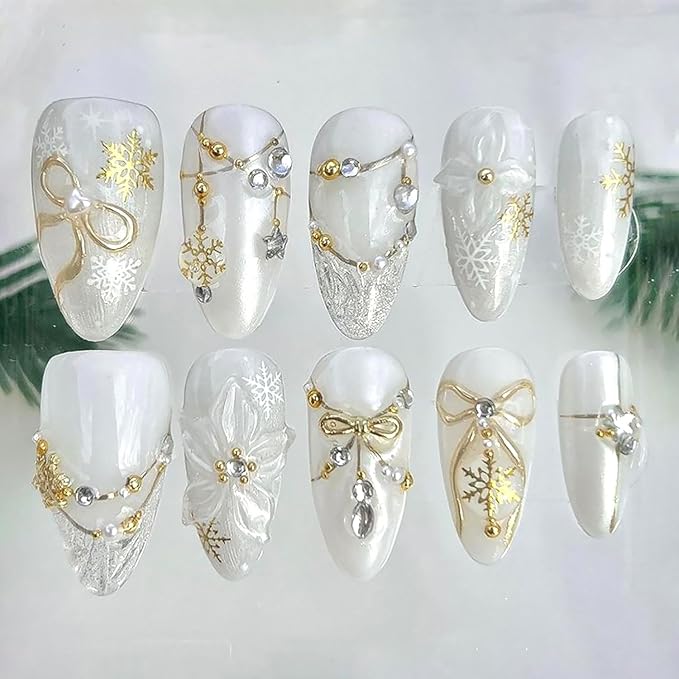 10Pcs Christmas Handmade Press on Nails Medium Almond Fake Nails White Flower False Nails with Gold Bow Snowflake Rhinestones Design Full Cover Artificial Glue on Nails Winter Stick on Nail for Women