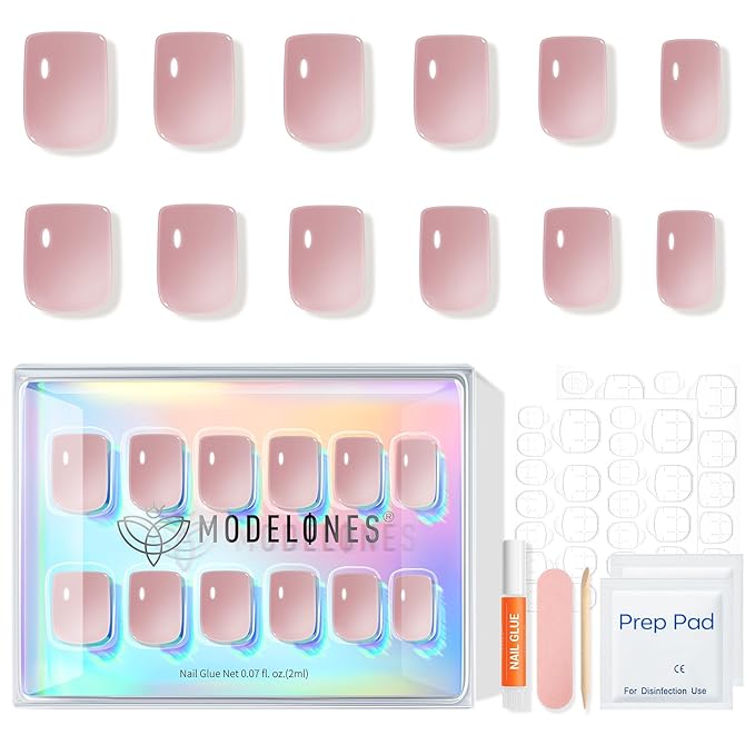 Modelones Soft Pink Press on Nails, Spring Short Square Fake Nails, Semi-Transparent Reusable Nail Kit with Nail Glue Adhesive Tabs Mini Nail File, Nails Press Ons 32Pcs16 Sizes, Women Girl Gift