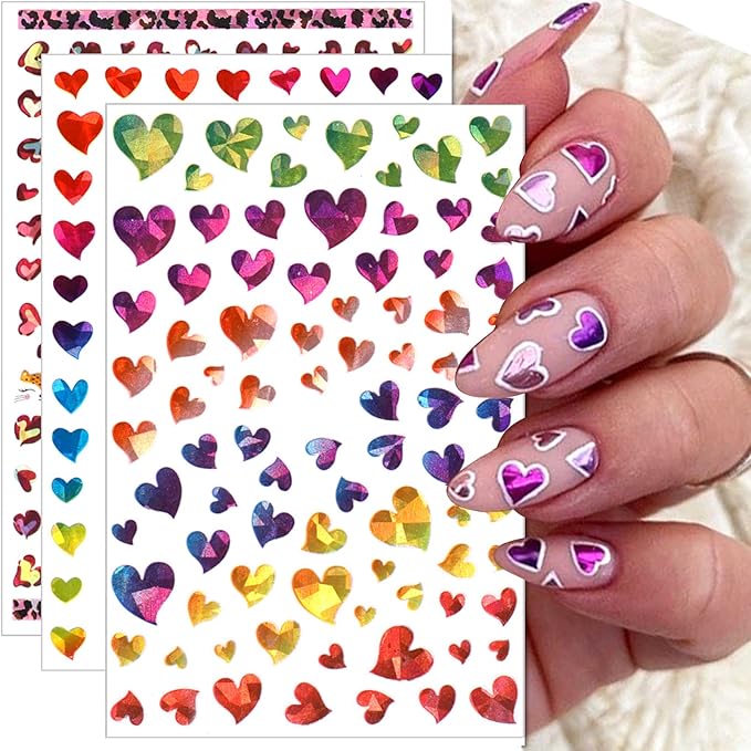 9 Sheets Heart Nail Stickers, 3D Valentine's Day Black Red Golden Laser Design Self-Adhesive Nail Art Decals, DIY Manicure Decoration Supplies Accessories for Women Girls