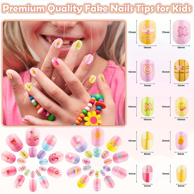 144 Pcs Kids Press on Nails - Short Acrylic Fake Nails with Cute Designs for Girls Age 8-12, Easy Stick On Nail Art Kit (A)