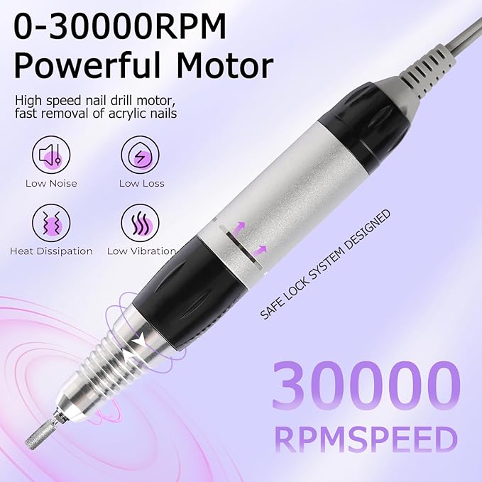 Electric Nail Drill Machine 30000RPM Nail Efile Professional Nail File Kit for Acrylic, Gel Nails, Manicure Pedicure Polishing with 6 Drill Bits and Sanding Bands