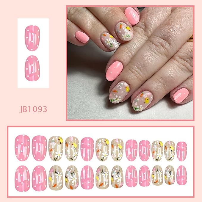 24 Pcs Easter Press on Nails Short Almond Fake Nails with Flower Chick and Carrot Designs Glossy Acrylic Nail Stick on Nails Full Cover Cute Easter False Nails for Women Manicure Art Kit