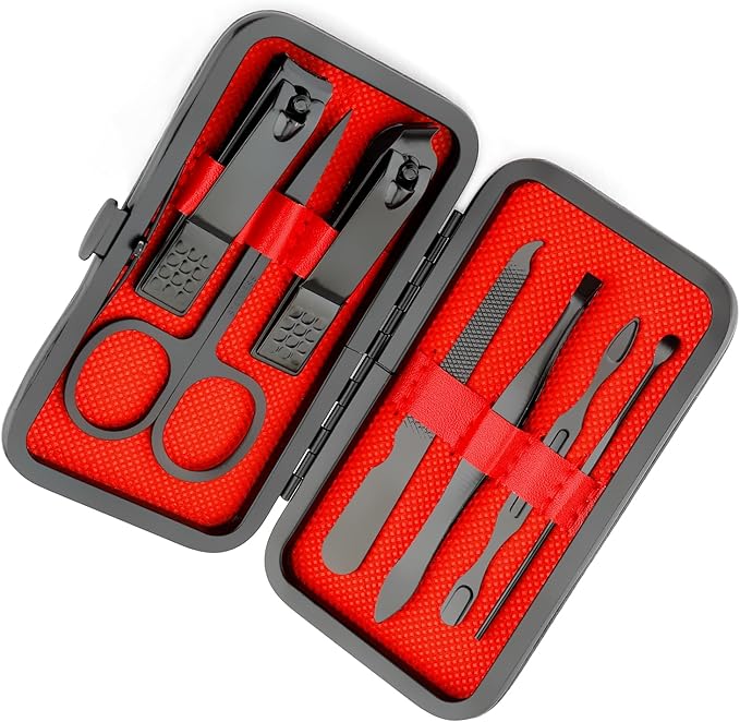 Manicure Set Nail Clippers Nail Tools Easter Basket Stuffers Pedicure Supplies Toenail Clippers for Women Men Fingernail Toenail Clipper 8 in 1 Manicure Tools Black with Leather Travel Case