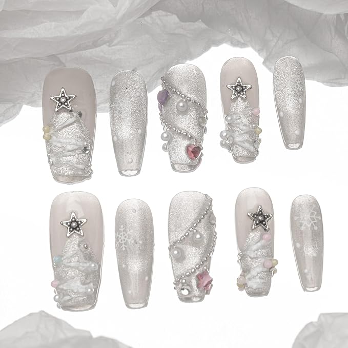 Sun&Beam Nails Handmade Press-on Medium Long Coffin Ballerina White Silver Purple Pink Christmas 3D Sweet Design Fashion False Nail Tips 10 Pcs Set (#197 XS)