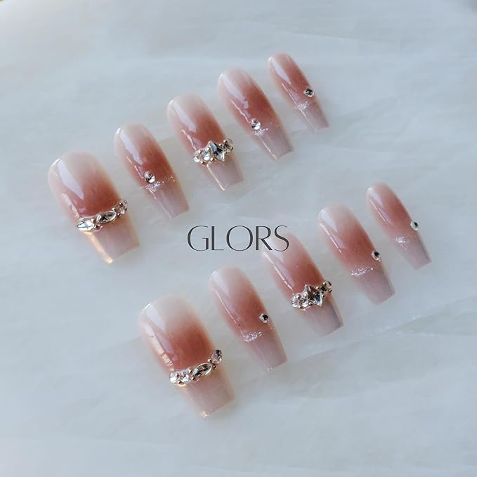 Long Ballerina Press-on Nails, Pink French Style with Rhinestones, Coffin Shape, Handmade False Nail 10 Pieces (Large,LB)