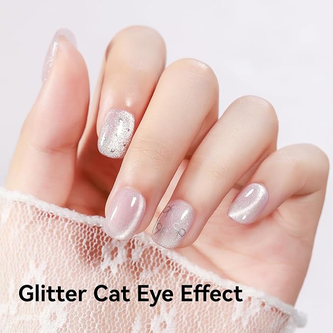 Cat Eye Gel Nail Polish, Nude Moonlight Cat Eye Nails with Magnet Stick For Holographic Shimmer Cateye Glitter Effect UV Nail Art Manicure Salon DIY Home