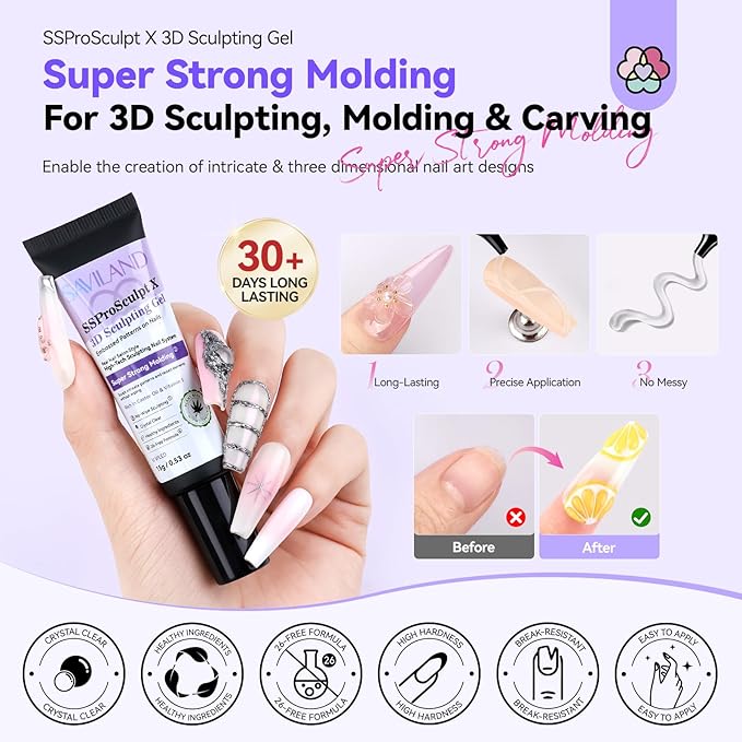 SAVILAND Clear 3D Nail Gel Kit: 15g No Wipe 3D Sculpting Gel with Metallic Gold Silver Chrome Powder for Nail Art Carving, Molding & Painting Home DIY Salon Manicure Supplies