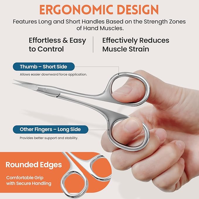 THRAU Right-Handed Cuticle Scissors – Surgical Grade Stainless Steel with Sharp Curved Tip for Cuticles, Nails, Eyebrows, Eyelashes, Nose Hair & Beard – Ideal for Manicure & Precise Grooming