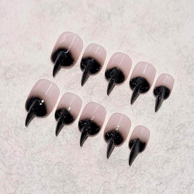10 Pcs Stiletto Press on Nails Curved Medium Cat Claw Nails Press Ons Unique 3D Black French Tip Cat Claw Handmade Fake Nails Thick Gradient Designs Stick on Nail Glossy Acrylic Nail (S)