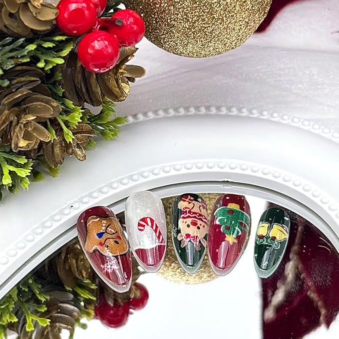 30Pcs Christmas Press on Nails Medium Almond French Tip Fake Nails with Cute Snowman Santa Claus Gingerbread Man Design Xmas Trees Gift Ball False Nails Full Cover Artificial Stick on Nail for Women
