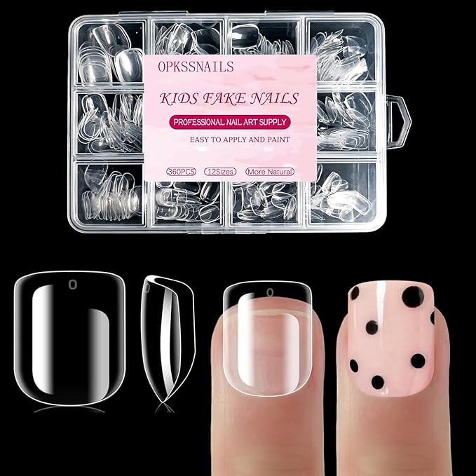 Short Kid Nail Tips,360Pcs Soft Gel Nail Tips Pre-Shaped Press On Nails For Kids,Clear Acrylic Full Cover Fake Nail For Kids DIY Extension & Salon Use12 Sizes For 8-12 Years