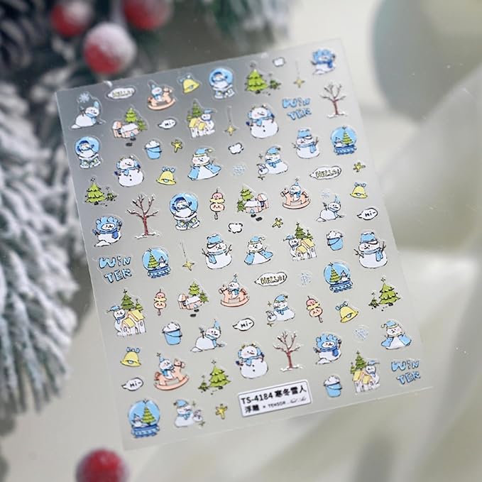 Christmas Nail Stickers 3D Self Adhesive Blue Snowman Nail Art Stickers 5D Embossed Christmas Tree Nail Decals Winter Snowflake Nail Art Supplies Xmas Holiday Nail Design for Women Girls 1 Sheets