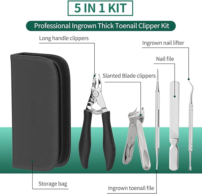 5-in-1 Toenail Clippers for Seniors with Thick & Ingrown Nails – Professional Pedicure Kit with Long Handle Nail Cutter, Slanted Curved Blade, Nail File & Lifter – Gift Set with Leather Case