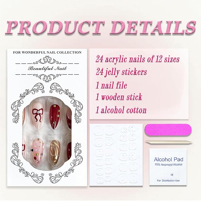 Christmas Press on Nails Medium Almond MABKJLF Fake Nails French Tip False Nails with Rhinestones Bow Pearls Designs Full Cover Glossy Glue on Nail Acrylic Nails for Women Girls 24Pcs