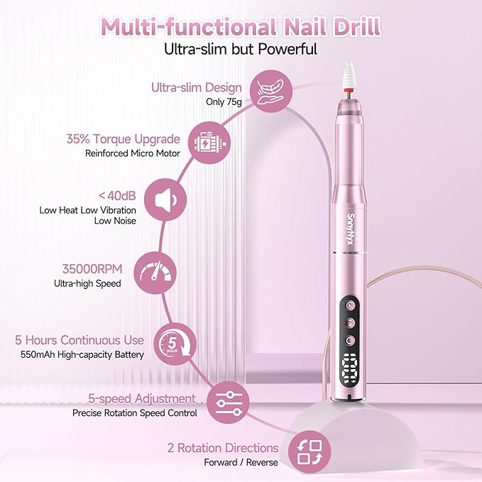 Cordless Electric Nail Drill 35000 RPM, Professional Nail File Kit with LCD Display, 12 Bits & 36 Sanding Bands, for Acrylic Gel Nails, Pet Claws, Salon & Home Use(Rose Gold)