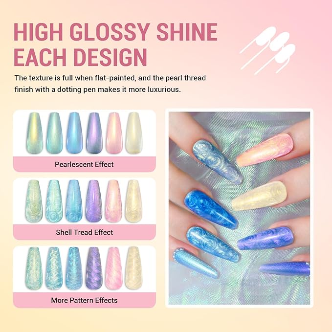 CHARMACY Pearl Gel Nail Polish Set - 6 Colors Shimmer Blue Pink Yellow Shell Gel, Aurora Shell Effect, Mermaid Nails LED UV Soak Off