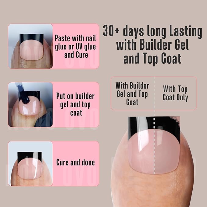 NOVO OVO Halloween Black French Tip Toe Nail Tips Press on, BABY PINK Sharp Square Pre-Designed Soft Gel False Toenail Extension, Medium Wide Fake Toenails, Full Cover Acrylic for DIY 15 Sizes 240 pcs