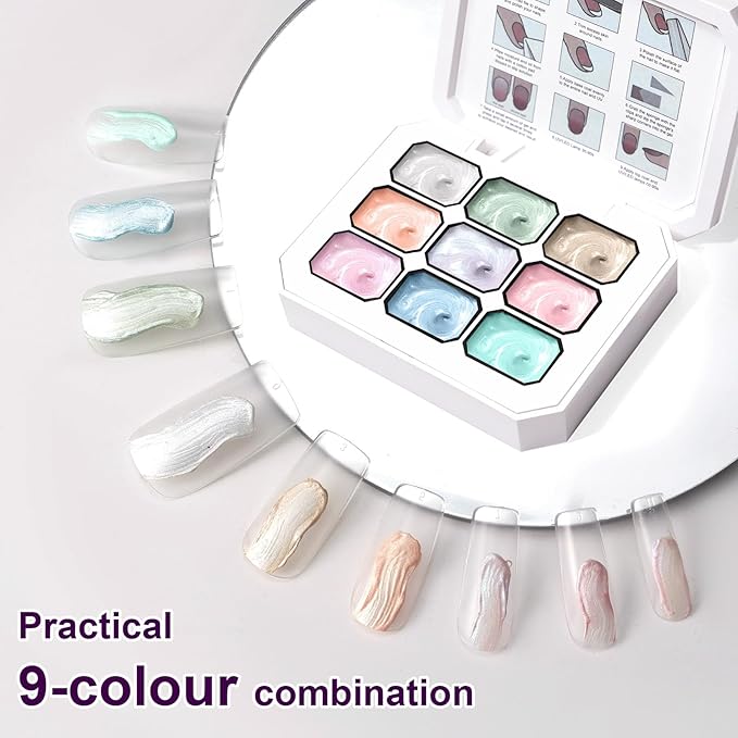 Gradient Painting Gel Set, 9 Colors Ombre Gel Nail Polish with 6 Aurora Multi-Purpose Brushes for Ombre Nails Aura Nails French Manicure Soak Off UV S Treasure of Pearl