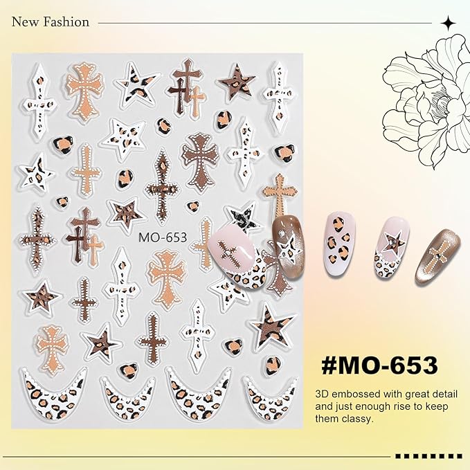 6 Sheets Leopard Print Cross Nail Stickers for Nail Art, Coquette Nail Decals,Leopard Flower Star Heart Butterfly 3D Self-Adhesive Nail Art Stickers Design for Women DIY Manicure Decoration YX1228