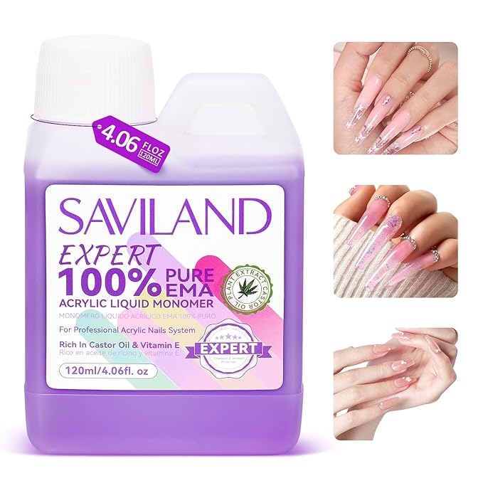 SAVILAND EMA Monomer Acrylic Nail Liquid: 4 fl. oz/120 ml Low Odor Castor Oil Vitamin E Acrylic Liquid Professional Pure EMA Nail Monomer Liquid Nail Tech Salon For DIY Home & Nail Salon Use