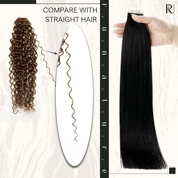 RUNATURE Tape ins Human Hair Extensions Curly Brown Remy Hair Tape in Extensions 22 Inch Dark Brown Seamless Human Hair Extensions Tape in Curly Human Hair Tape in Extensions Double Sided 50g 20pcs