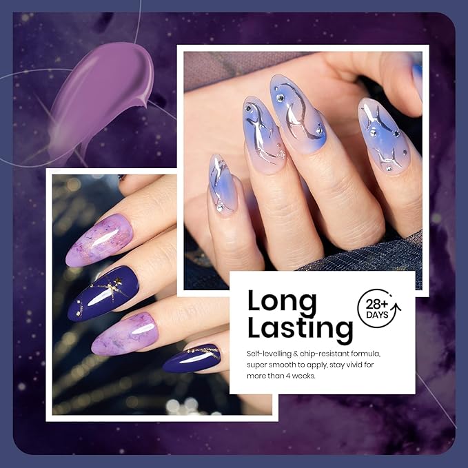 Beetles Purple Gel Polish Set, 6Pcs Purple Blue Gel Polish Silver Glitter Nail Gel Lost Universe Soak Off UV LED Nail Lamp Manicure DIY Home Gift for Women