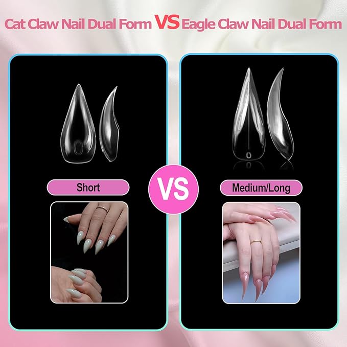 280 Pcs Cat Claw Short Curved Stiletto Nail Dual Forms for Poly Gel Extension of 14 sizes 3D Eagle Hawk Curve Sculptural Acrylic Nails, Reusable Full Cover Molds Nail Art Design