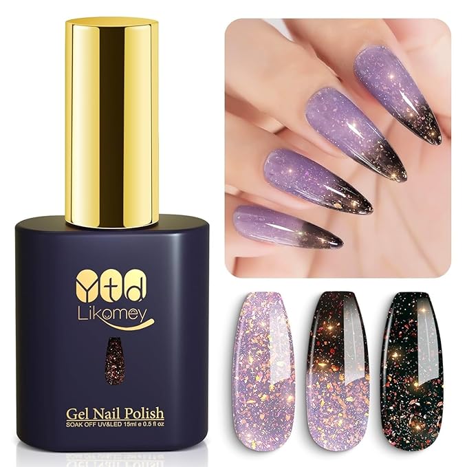 YTD Likomey Brocade Glitter Color Changing Gel Nail Polish,15ml Grayish Purple To Black Shimmer Mood Temperature Change Colors Iridescent Flakes,Fall Winter Ombre Thermal UV Gel,WB348