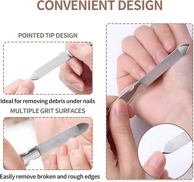 Metal Nail File (3 Pcs), Nail Files for Natural Nails & Toenails, Thick Nails Made of Stainless Steel, Double Sided Metal Nail Files with Anti-Slip Handle for Fingernail Toenail, Home or Salon Use
