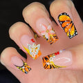 Butterfly Press on Nails Medium Long Square Fake Nails with Butterfly Charm Flower Designs French Tip Glue on Nails Press ons Acrylic Glossy Full Cover Stick on Nail for Women 24 Pcs