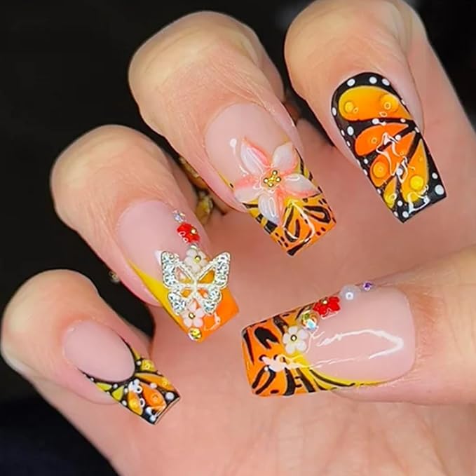 Butterfly Press on Nails Medium Long Square Fake Nails with Butterfly Charm Flower Designs French Tip Glue on Nails Press ons Acrylic Glossy Full Cover Stick on Nail for Women 24 Pcs