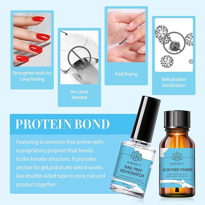 Born Pretty Nail Dehydrator and Nail-Primer, Nail Prep Dehydrator Acid Free Nail-Primer, Cuticle Oil for Nails, Base and Top Gel Coat Nail Supplies Functional Nail Set 5PCS
