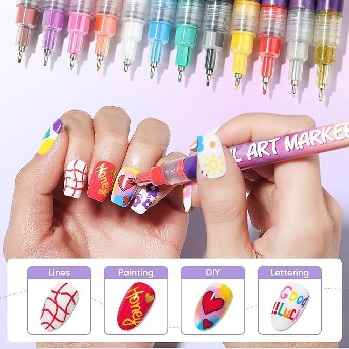AIMEILI 12 Colors Nail Art Pens Set, 0.5mm Fine Tip Acrylic Paint Pens for Salon & Home DIY Nail Design, Dotting Drawing Liner Brush for Manicure, Nail Polish Art Decoration Kit 2