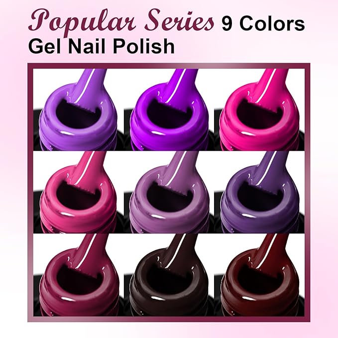 MEET ACROSS 12pcs Gel Nail Polish Set,Soak Off UV LED Lamp Gel Nail Polish Kit,Fashion Shimmer Nail Art Design Gifts for Women Manicure Salon (Purple Red)
