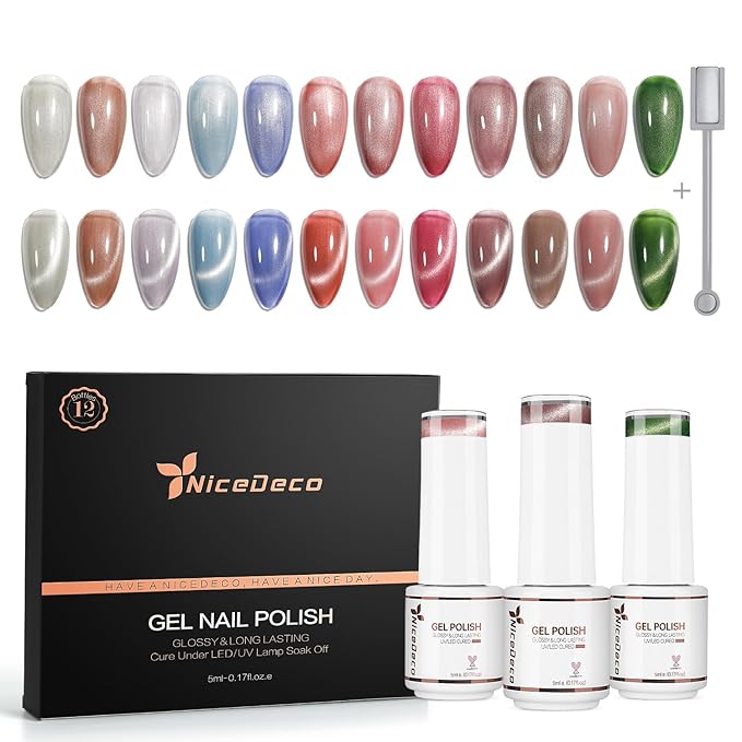 Nicedeco Cat Eye Gel Nail Polish, Hema Free, Cruelty Free, Vegan, High Gloss Long Lasting Soak Off LED U V Gel 12 Colors Kit 12