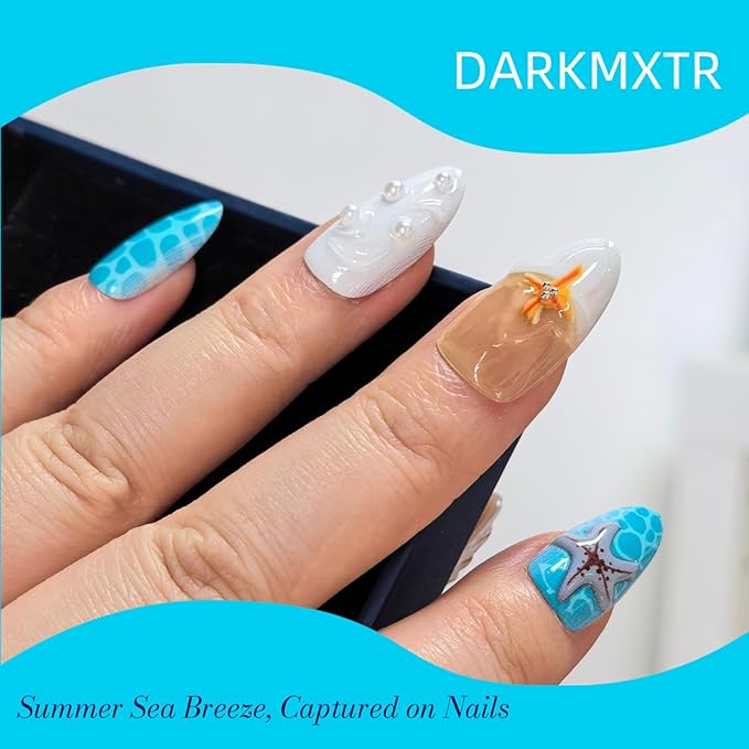 30Pcs 3D Beach Press On Nails - Starfish Shell Design, Long Almond Fake Nails for Summer Vacation