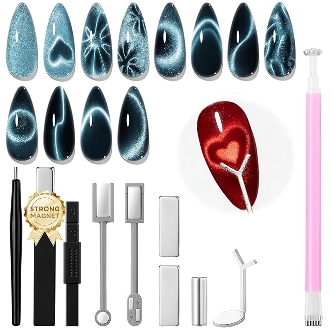 modelones Cat Eye Magnet Set, Heart Nail Art Tool Strong Magnetic Pen Double Head Round Magnets Stick Wand Diverse French Moon Floral Cateye Effect DIY Professional Manicure Gift for Women