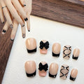 French Tip Press On Nails Short Fake Nails Handmade False Nails Black Bow Hand-Painted Nail Charms,Square Acrylic Nail Kit Gel Nails,Reusable Stick on Nails for Women 10pcs M