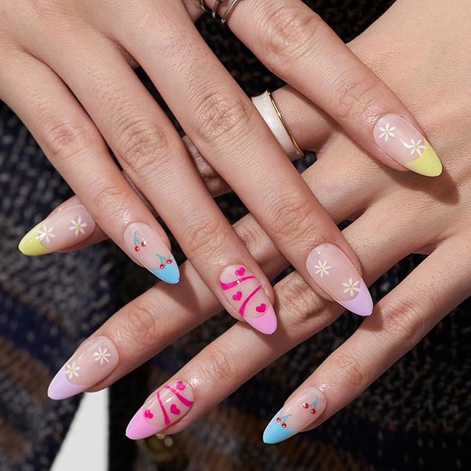 GLAMERMAID Light Colorful Rainbow Press on Nails Medium Almond, Tie Dye Jelly Soft Gel False Nals, Stiletto Glue on Nails Kit for Women, Reusable Short Oval Stick on Acrylic Fake Nails Manicure Set
