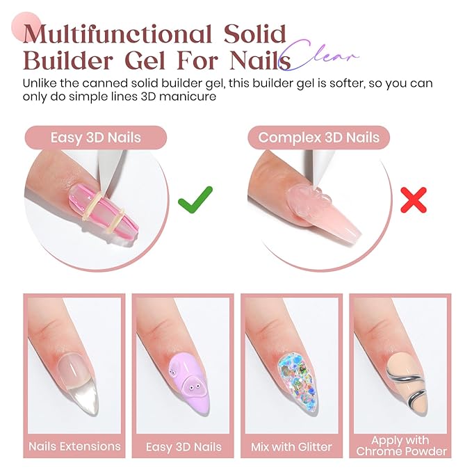 MIZHSE Solid Builder Gel, 2.1oz/60g Clear 3D Nail Gel Builder for Nails Non-sticky Simple Sculpture Molding Gel for Beginner & Professional DIY Salon Nail Art Design Home Manicure