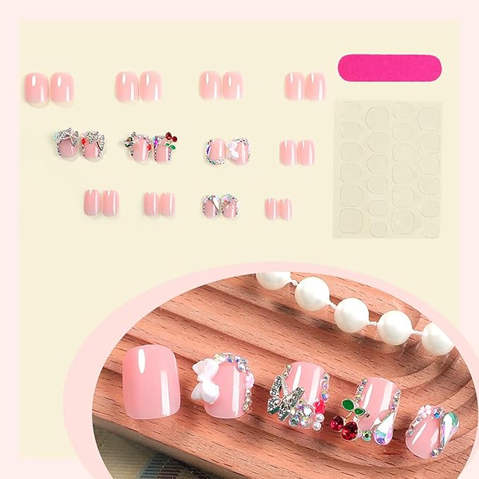 Nude Pink Press on Nails Short Square MABKJLF French Tip Fake Nails False Nails with Designs Bow Cherry Butterfly Flower Charm Rhinestones Glossy Glue on Nails Acrylic Nails for Women Girls 24 Pcs