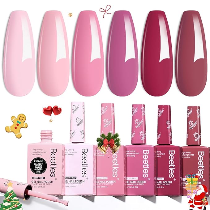 Beetles Valentines Gel Polish Set - Romantic Blush 6 Colors Gel Polish Set Hema Free, Nude Light Baby Hot Pink Colors Spring Valentines Nails, Long Lasting Soak Off UV LED Nail Lamp Gifts for Her