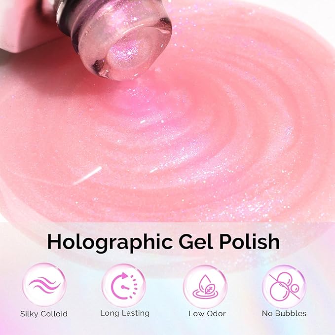 MelodySusie Shimmer Pearl Pink Gel Nail Polish, 0.5fl oz Soak Off UV LED Jelly Holographic Pink Glitter Gel Polish Gift for Women Nail Art Manicure Salon DIY Nail Design Decoration at Home-G2607