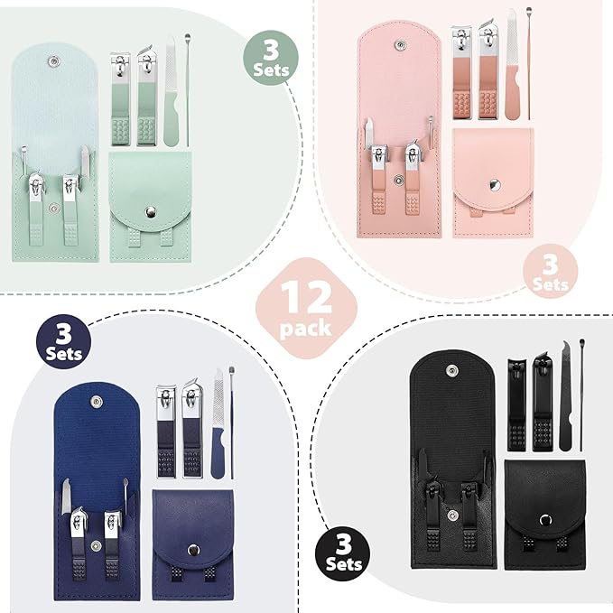 Geosar 12 Sets Manicure Set Bulk Nail Clippers Pedicure Kit Stainless Steel Professional Pedicure Grooming Kits Nail Care Tools with Travel Case for Men Women Hands Foot(Multi Colors)