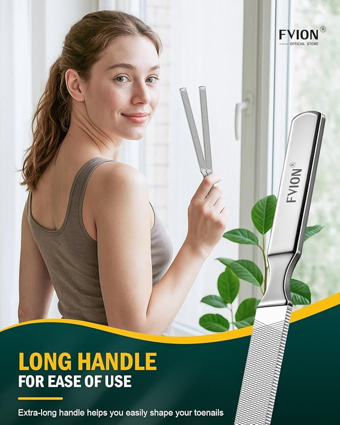 FVION 2 PCS Stainless Steel Double-Sided Long Nail File for Thick Nails – Professional Toenail File, Durable and Efficient Nail Care Tool Ideal for Manicure Or Pedicure (Silver)