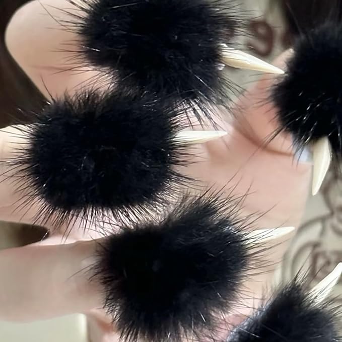 10 Pcs Luxury Press on Nails Medium Curved Stiletto Handmade Cat Claw Reusable Fake Nails Unique Cat Claw False Nails with Black Furry Fur Designs Glossy Glue on Nail Thick Acrylic Nail (S)