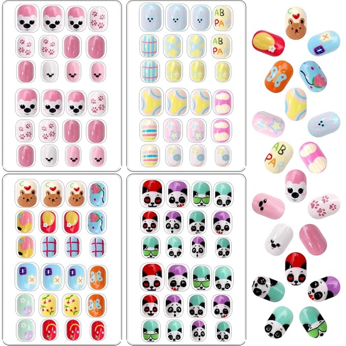 96Pcs 4 Packs Cute Short Press on Nails for Girls 4 Styles 12 Sizes Press on Nails for Kids Press ons with Panda Flower Animal Designs Full Cover Acrylic Nails for Little Girl Gift DIY Manicure