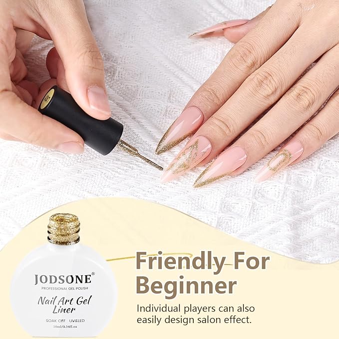 JODSONE Glitter Gold Swirl Nail Art Liner Gel Polish,10ml Classic Color 3D Nail Art Pens Effect Nail Print Design with Thin Brush for French Tips Manicure Painting DIY at Home - LX01