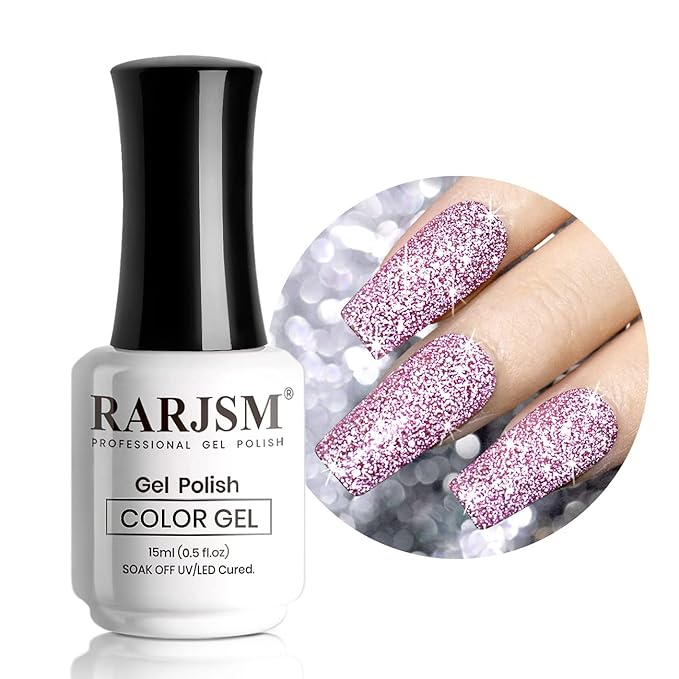RARJSM Reflective Glitter Gel Nail Polish,Pink Sparkle Gel Nail Polish,Flash Diamond GelPolish Soak off UV LED Curing Requires 15ml Single Bottle for Home Salon Diy Nail Manicure Decoration